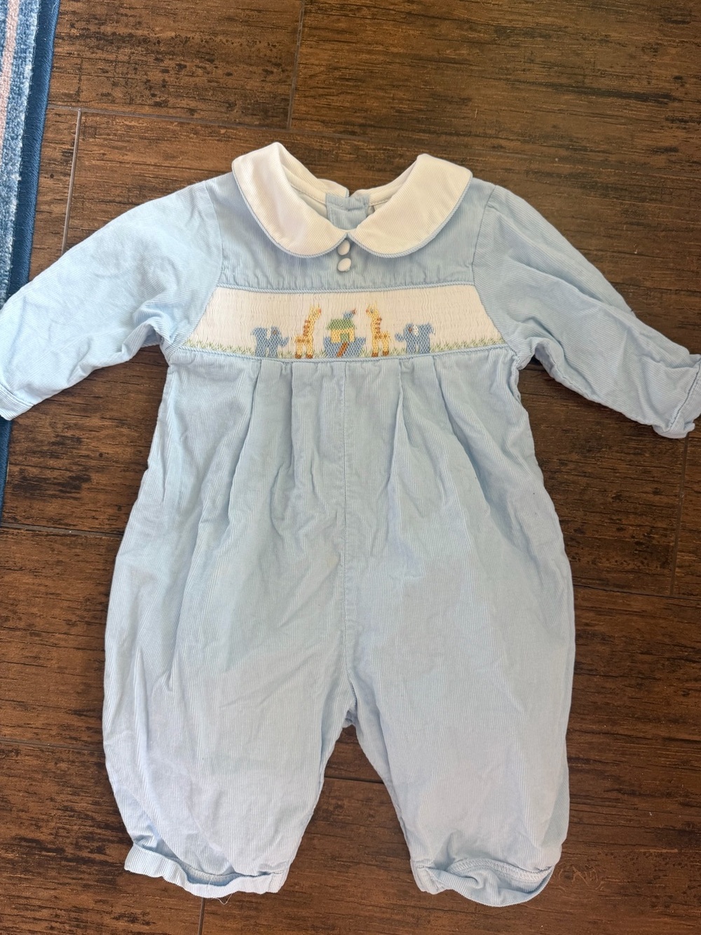 Nursery Rhyme Boys Smocked romper blue  size 9 mo giraffe and elephants